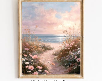 Pink Sand Beach Wall Art Print, Bermuda Seascape with Wildflowers, Printable, Digital Download