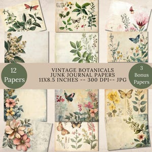 Páginas de diario botánico, flores y mariposas antiguas, efímeras imprimibles digitales, hoja de collage de papel artesanal (28 x 21,5 cm)