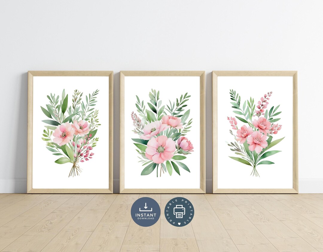 Pink Floral Wall Art Set: Sage Green Botanical Prints (digital Download ...