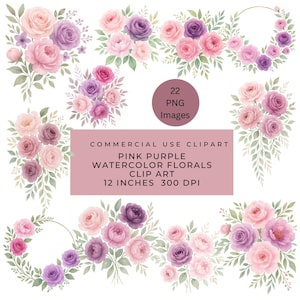 Pink Purple Watercolor Floral Clip art pack, PNG, Commercial Use, Peonies Roses, Flower Arrangement, Wedding, Sublimation, Wreath, Bouquet