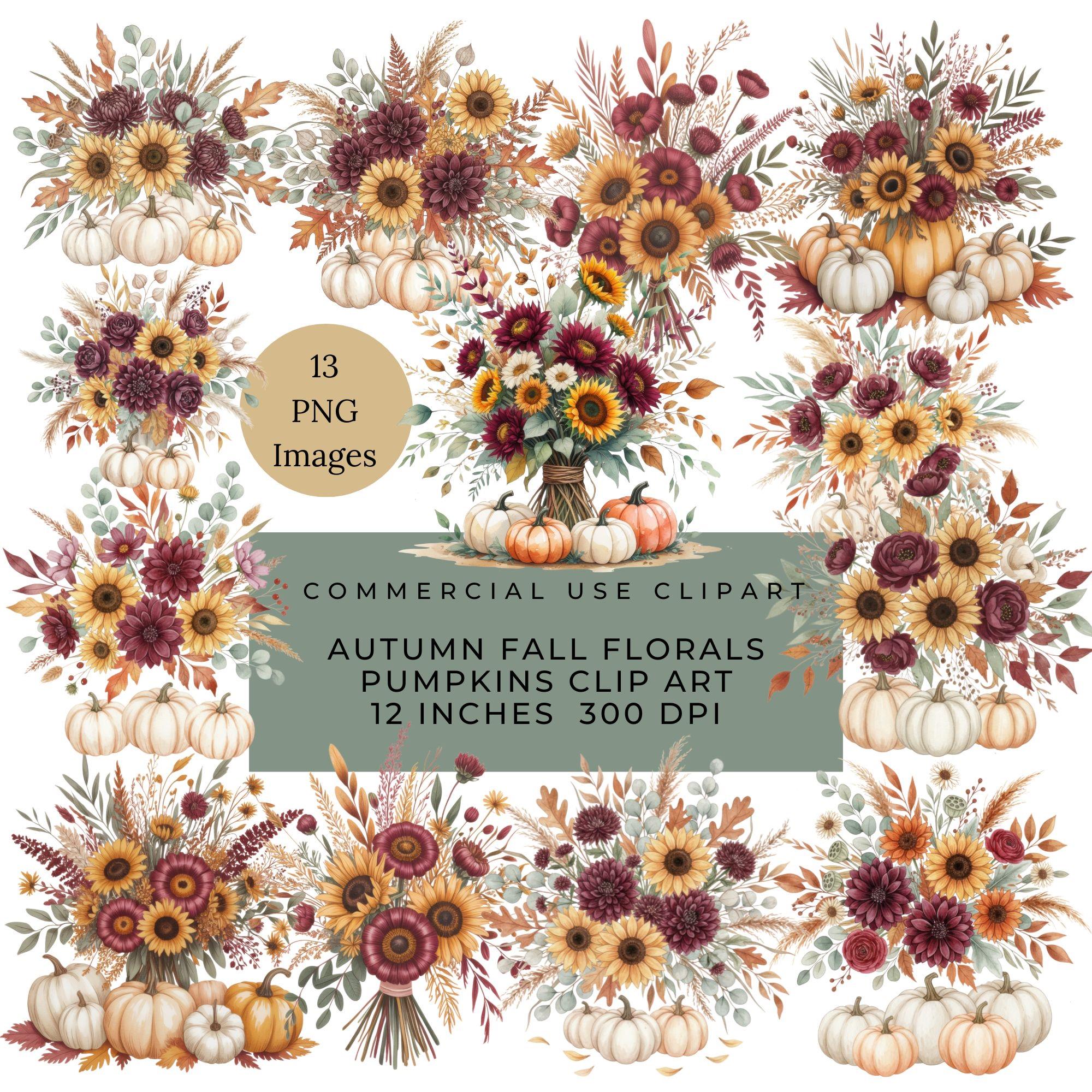 Fall Floral Pumpkin Clipart: Watercolor Thanksgiving PNG Designs ...