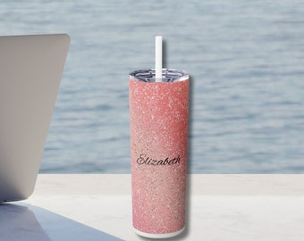 Monogram Name Pink Glitter Skinny Tumbler with Straw, 20oz. Bachelorette Party Bridesmaid gift, Bridal Party Birthday Gift for her Bride