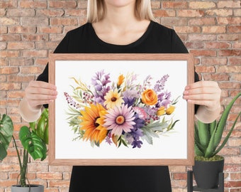Purple Yellow Wildflower Bouquet Framed Wall Art Print, Watercolor Floral Greenery, Living room Decor, Bedroom Wall Decor, Giclee Quality,