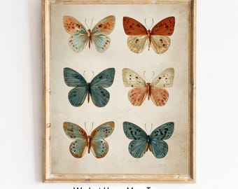 Vintage Butterfly Moth Wall Art Print, Antique Watercolor Painting, Digital Download Printable Decor