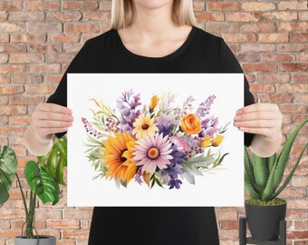 Purple Yellow Wildflower Bouquet Wall Art poster Print, Botanical Greenery, Unframed, Living room, Bedroom Wall Decor, Giclee Quality,