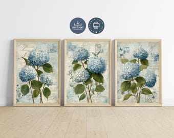Antique Hydrangea Print Set: Vintage Blue Floral Watercolor (Digital Download)