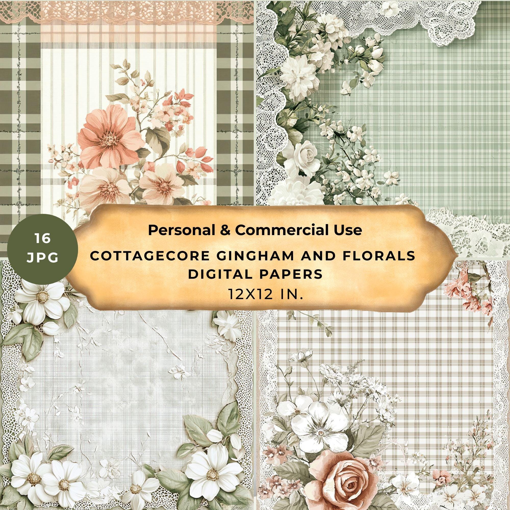 Gingham Floral Lace Digital Paper Pack, Cottagecore, Shabby Chic ...