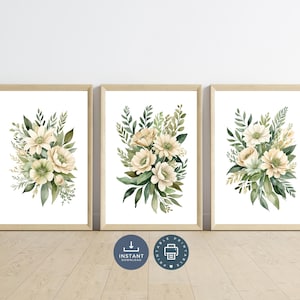 Neutral Floral Beige Cream Flowers Wall Art, Set of 3 Prints, Digital Printable Instant download, Watercolor Botanical, Nursery Bedroom, A2
