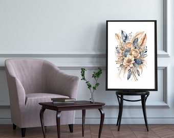 Boho Floral Wall Art, Flowers Botanicals Feathers, Digital Printable Wall Art Home Decor, Neutral Colors, Instant Download, Dusty Blue Beige