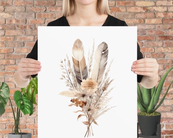 Boho Brown Beige Cream Botanicals Feathers Floral Wall Art Poster Print, Unframed, Living Dining Room, Bedroom Giclee Print Museum Quality