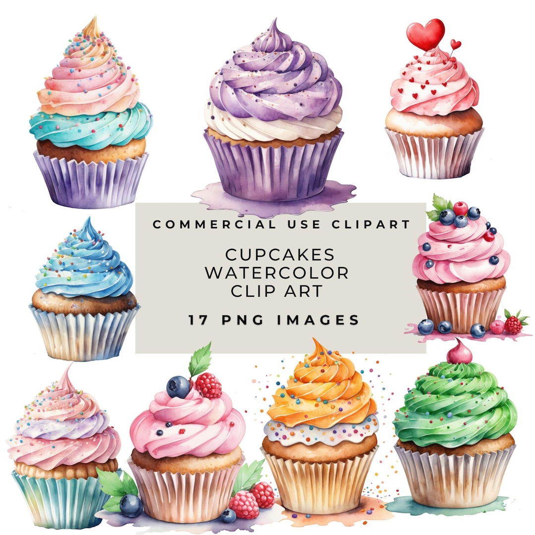 Watercolor Cupcake Clip Art: Pastel Dessert PNG (commercial Use) - Etsy