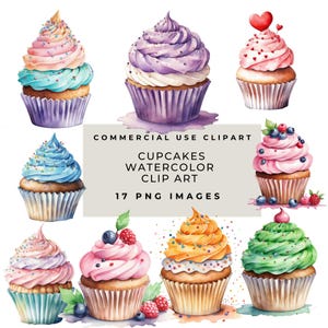 Cupcake Clip Art, PNG, kommerzielle Nutzung, Sofortiger digitaler Download, Dessert Süßigkeiten Foodparty, Bäckerei, Aquarell Geburtstag Hochzeit, digitale Kunst