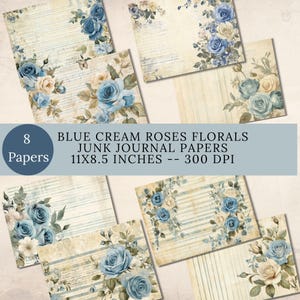 Blue Cream Roses Florals Flowers Shabby Chic Junk Journal Papers Pages, Digital Printable Paper Crafts, Scrapbook, Collage, Vintage Antique