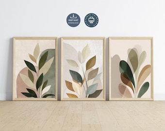 Abstract Botanicals Watercolor Wall Art, Set of 3 Gallery Prints, Digital Download Printable Neutral Decor