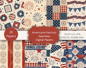 Patriotic Americana Digital Paper Pack, 250th Anniversary Seamless Papers, Red White Blue 12x12 JPG, July 4th Scrapbook