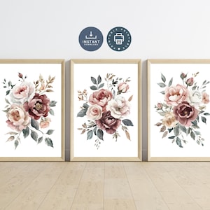 Blush Dusty Rose Pastel Pink Watercolor Florals Flowers Wall Art, Digital Download Printable, Set 3 Prints, Bedroom Nursery Boho Cottagecore