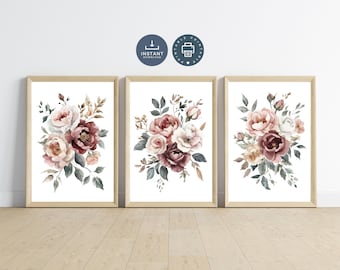 Láminas florales en acuarela rosa palo: Decoración de pared estilo boho para habitación infantil (Descarga digital, juego de 3)