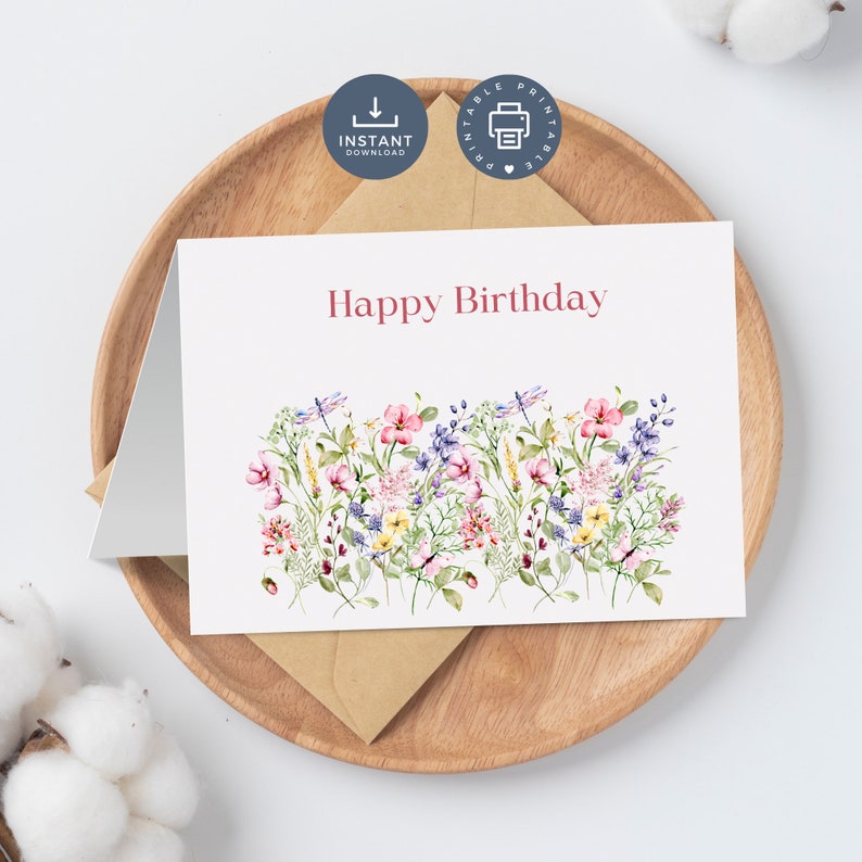 Happy Birthday Card Wildflowers Watercolor Feminine Birthday Card for ...