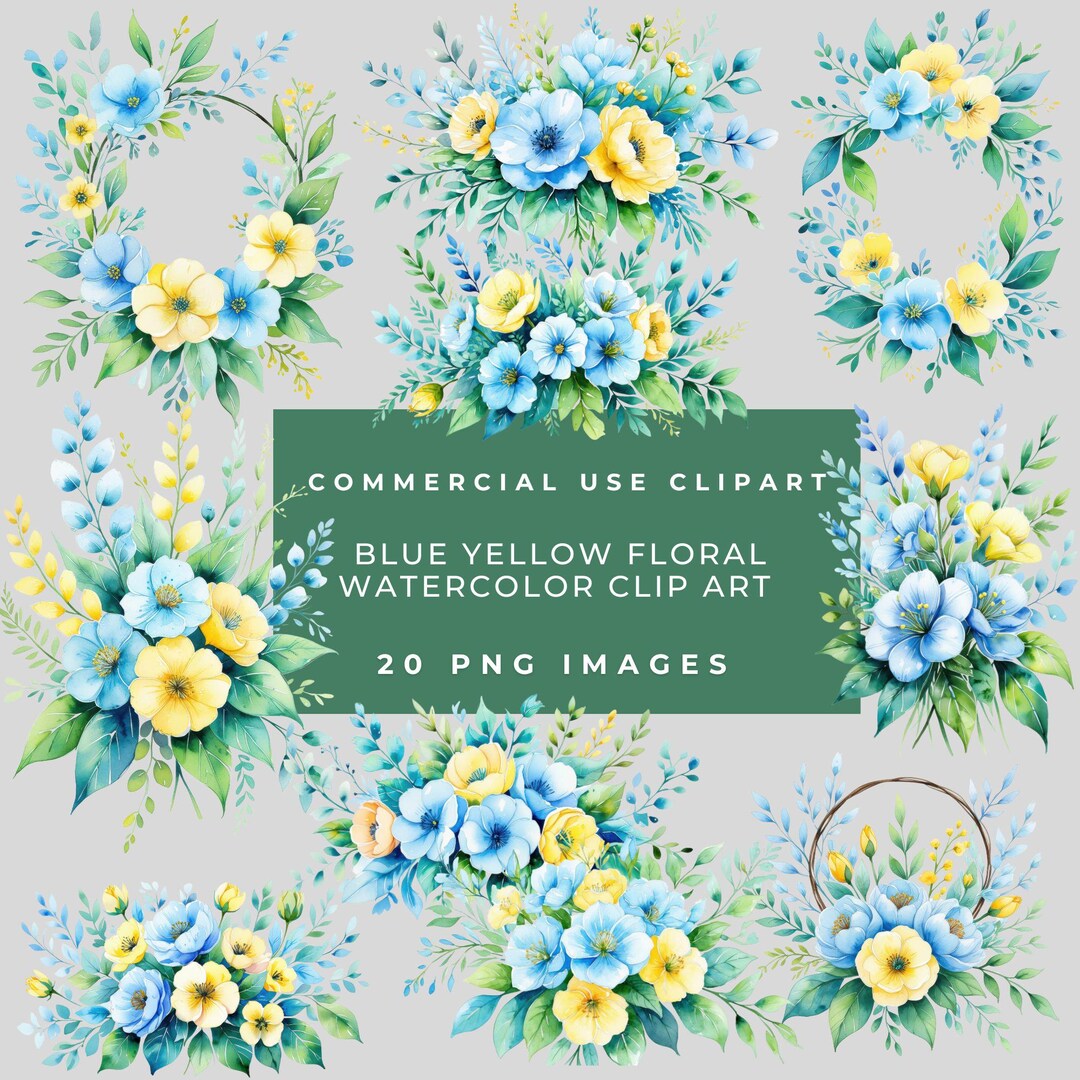 Blue Yellow Floral Clip Art Bundle Pack, 20 Transparent PNG, Commercial ...