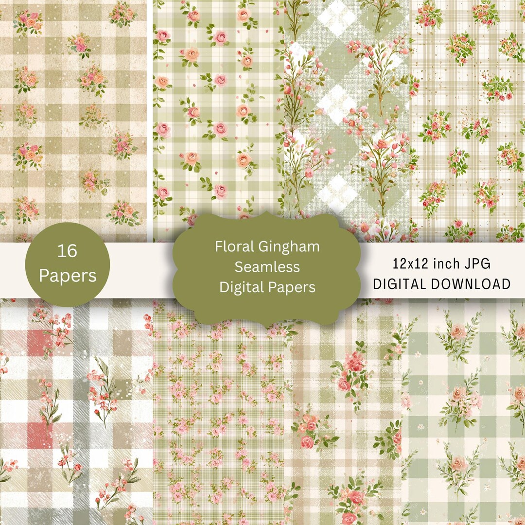 Floral Gingham Seamless Digital Paper Pack, Cottagecore Plaid Patterns ...