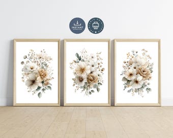 Neutral Beige Floral Prints Set: Watercolor Botanical Art (Digital Download)