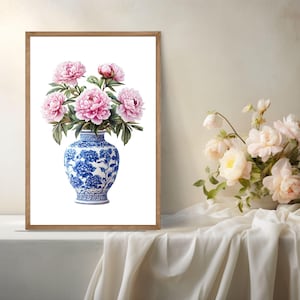 Rosa Pfingstrosen Blumendruck: Blaues Ingwerglas, Chinoiserie Kunst (digitaler Download)