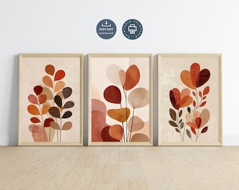 Terracotta Beige Abstract Florals Wall Art, Set 3 Prints Gallery Prints, Digital Download, Printable