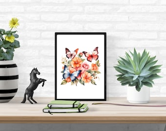 Butterfly Peach Floral Flowers Watercolor Digital Wall Art, Printable Wall Art, Instant Digital Download, Living Room Bedroom Wall Decor