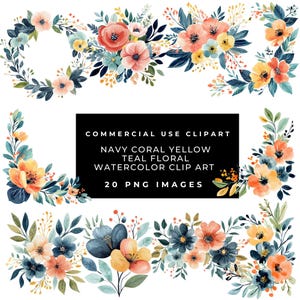 Pacote de clipart floral azul marinho coral amarelo azul-petróleo rosa, flores em aquarela, PNG transparente, uso comercial, cartões de convite de casamento