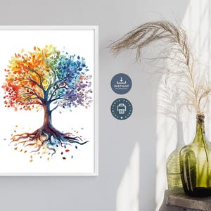 Rainbow Tree of Life Wall art, Digital Printable, Watercolor, Zen Wall Art, Yoga Art Print, Mindfulness Gift, Meditation Poster, Boho Decor