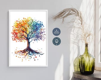 Rainbow Tree of Life Watercolor Print: Zen Yoga Art (Digital Printable)