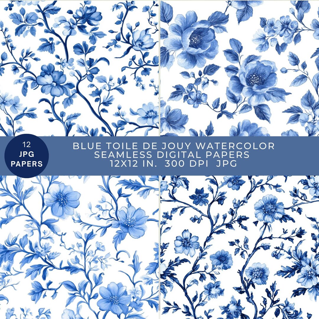 Vintage Blue Toile De Jouy Digital Printable Paper Pack, Watercolor ...