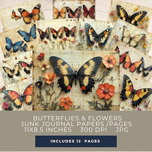 Schmetterling Wildblumen Junk Journal Seiten: Vintage Aquarell (Digital Printable)