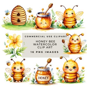 Honey Bee Clip Art-bundelpakket, bijenkorf, gele bloem, zonnebloemen, schattige aquarel, transparante png, commercieel gebruik, hommel, honingpot