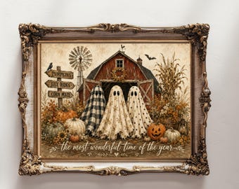 Vintage Halloween Ghost Wall Art, Rustic Farmhouse Fall Printable, Pumpkin Barn Decor, Digital Download