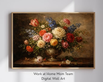 Vintage Watercolor Florals in Vase, Still Life Wall Art Print, Printable Digital Download