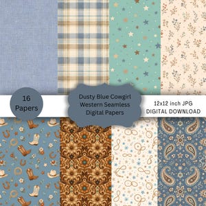 Könnte beinhalten: Eine Sammlung von 16 digitalen Papieren mit Mustern aus Cowboystiefeln, Hüten, Hufeisen, Seilen, Paisley und Blumen in Staubblau, Braun und Creme. Der Text lautet 16 Papers, Dusty Blue Cowgirl Western Seamless Digital Papers, 12x12 inch JPG DIGITAL DOWNLOAD.
