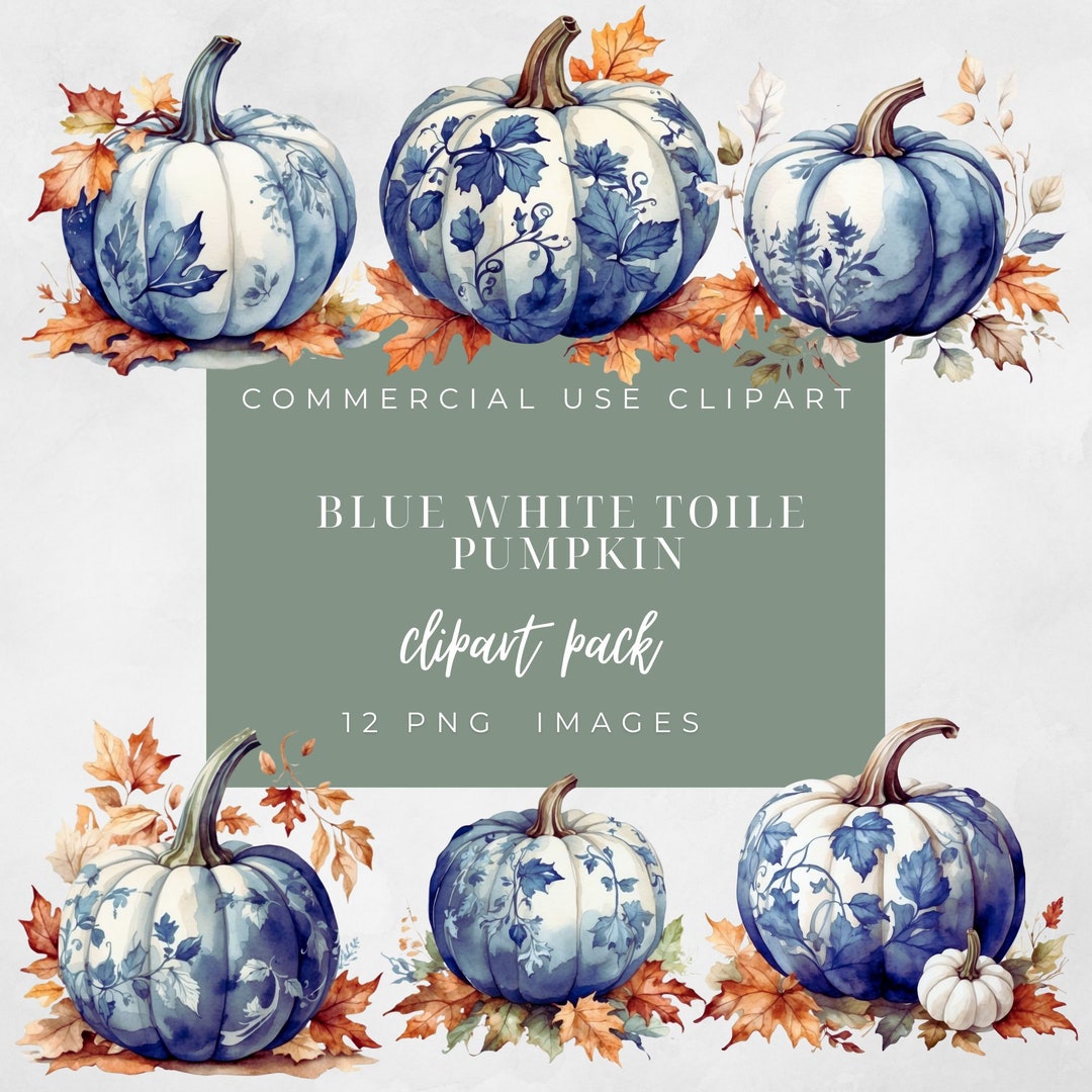 Blue Toile Pumpkin Watercolor Clip Art: Fall Chinoiserie PNG ...