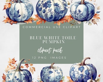 Blue Toile Pumpkin Watercolor Clip Art: Fall Chinoiserie PNG (Commercial Use
