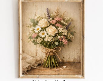 Wildflowers Bouquet Wall Art, Rustic Farmhouse Flower Print, Neutral Botanical Decor, Digital Download, Printable