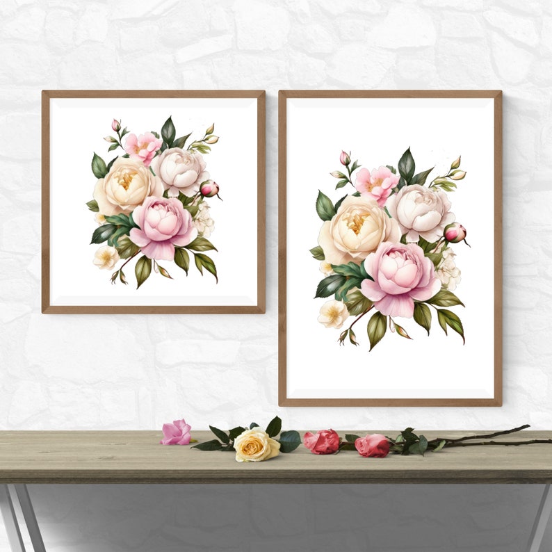 Pink White Peonies Roses Floral Watercolor Digital Printable Wall Art, Instant Download, Flowers, Floral Bouquet Print Wall Decor Bedroom image 7