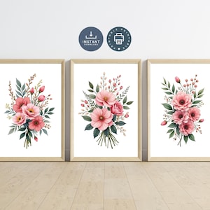 Pink Watercolor Wildflowers Florals Flowers Botanicals Wall Art, Digital Download Printable, Wall Decor, Set 3 Prints Gallery, Bedroom Dorm