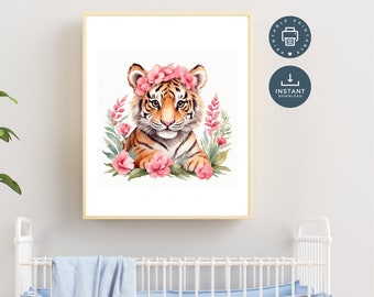 Baby Tiger Pink Flowers on Head Nursery Wall Art, Digital Printable, Watercolor, Kids Play room, Instant download, Baby Girl's Room Wall Art