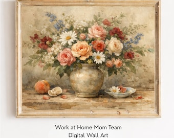 Vintage Watercolor Florals in Vase, Still Life Wall Art Print, Printable Digital Download