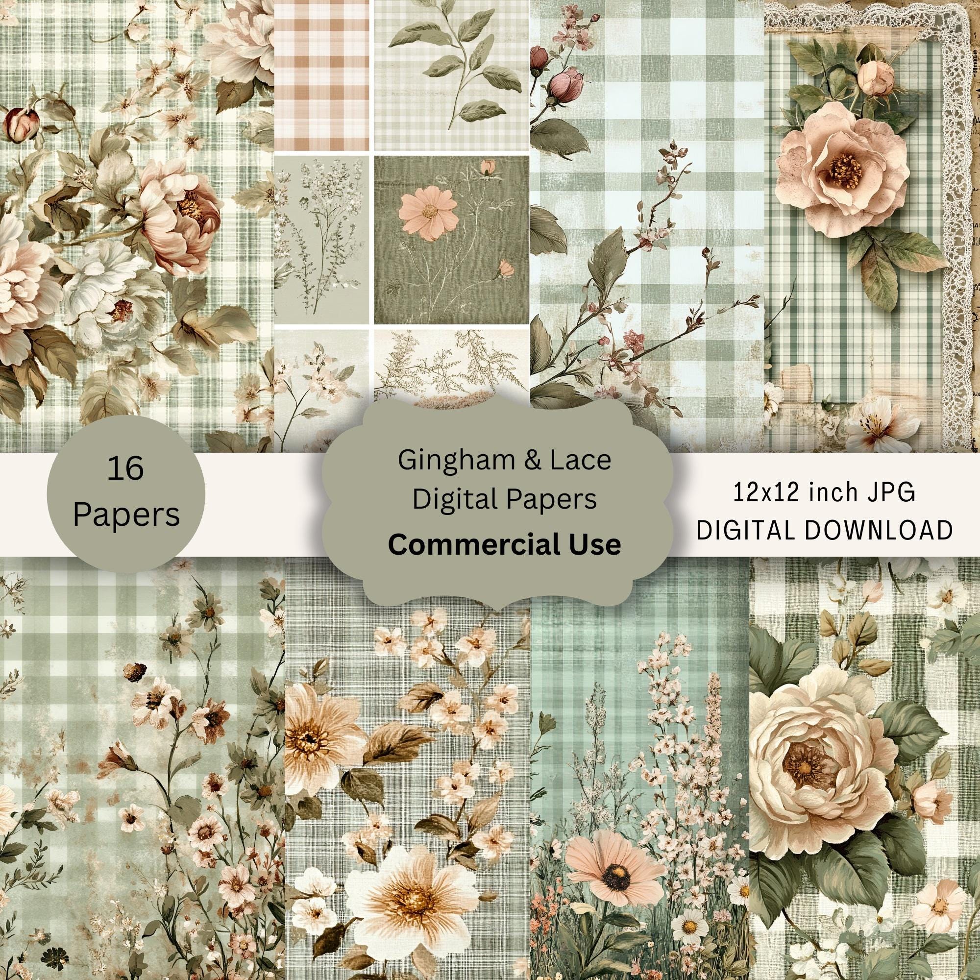 Gingham Floral Lace Digital Paper Pack, Cottagecore, Shabby Chic ...