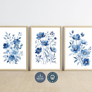 French Blue Watercolor Floral Print Set: Minimalist Botanical Wall Art (Digital Download)
