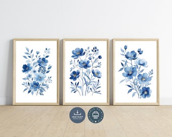 French Blue Watercolor Floral Print Set: Minimalist Botanical Wall Art (Digital Download)
