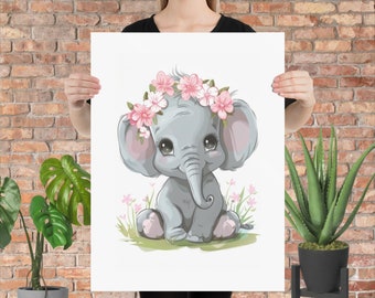 Adorable Cute Baby Elephant Nursery Wall Art Poster Print, Wall Decor, Baby Shower Gift Baby Girl, New Baby Gift, Pink Flowers, Watercolor