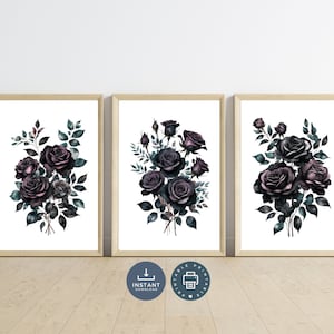 Arte de parede com rosas roxas escuras: estampas florais góticas, conjunto de 3 (download digital)