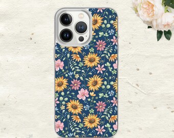 Yellow Sunflowers Pink Floral Blue iPhone Case, iPhone 15 case, iPhone 14 case, iPhone 13 case, iPhone 12 case, iPhone 11 case, Flowers Gift